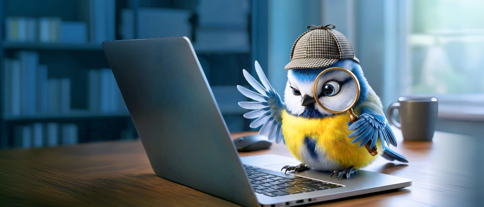 Meise mit Detektivhut und Lupe sitzt an einem Laptop und sucht Informationen auf dem Bildschirm