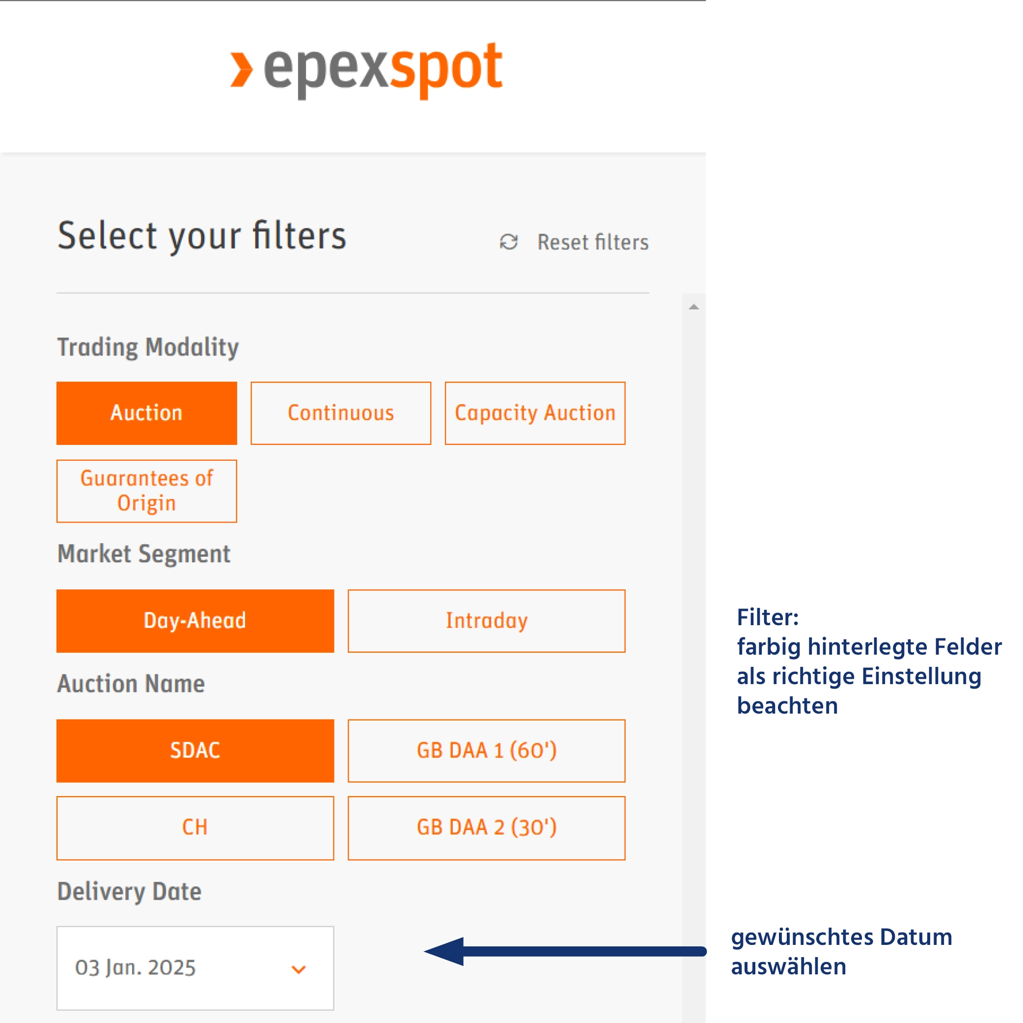 Epexspot-Filtermenü mit Erläuterungen