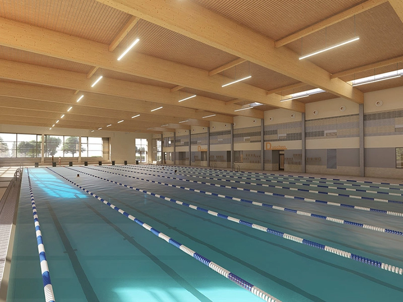 Der Dachbinder der neuen Sportschwimmhalle ist fertig montiert