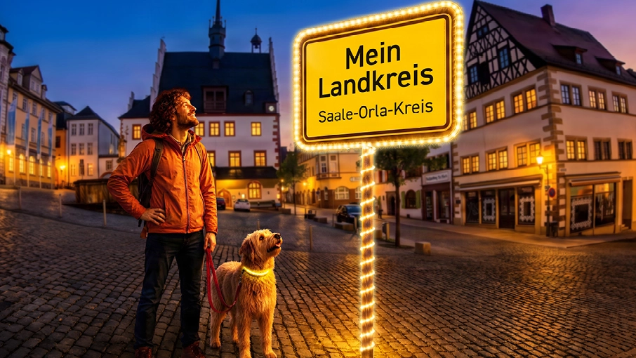 Ortseingangsschild mit Aufschrift "Mein Landkreis Saale-Orla-Kreis", im Hintergrund der Pößnecker Marktplatz